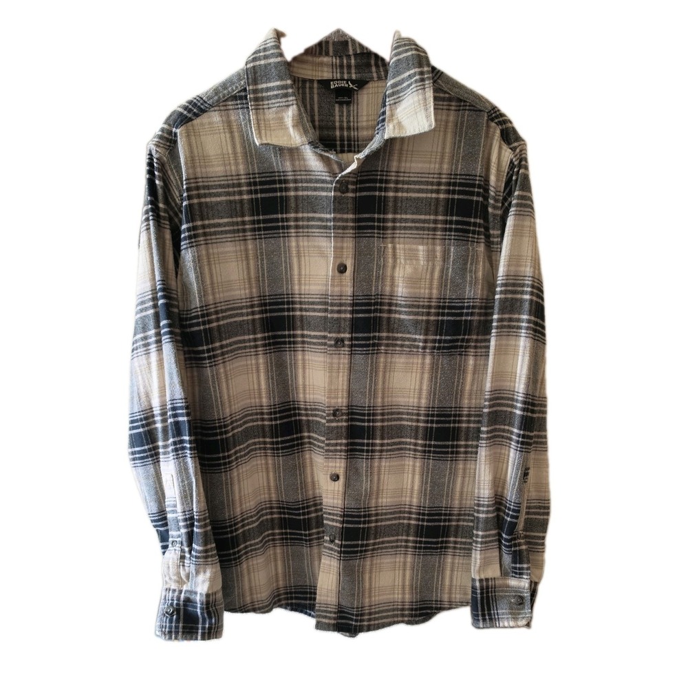 Eddie Bauer Black Grey Plaid Flannel Shirt XL Long Sleeve Button-Up